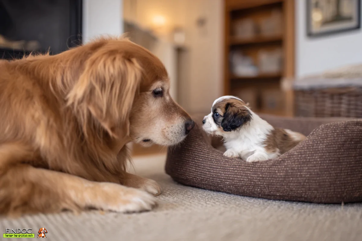 מפגש היכרות ראשון בין כלב בית זהוב מבוגר לבין גור כלבים קטן ופעיל בסלון נעים עם אביזרי כלבים