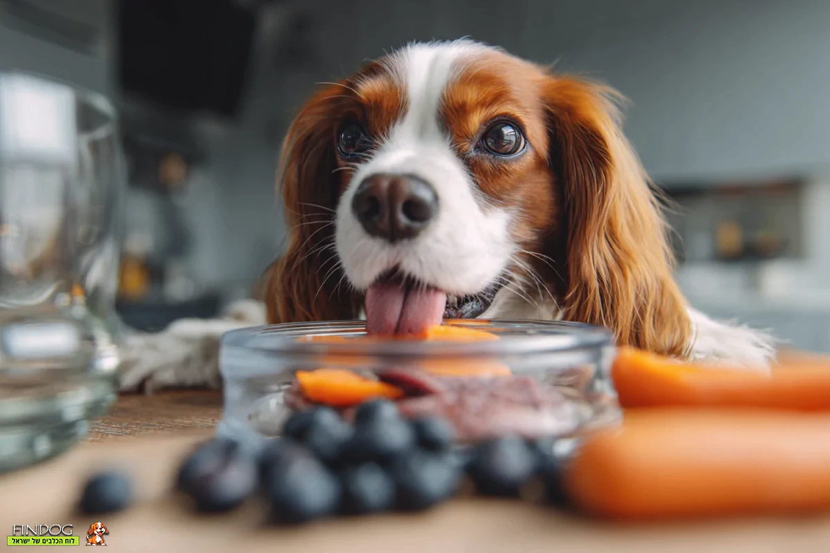 תזונה מאוזנת לכלבים - בשר, גזרים ואוכמניות התורמים למערכת חיסונית חזקה