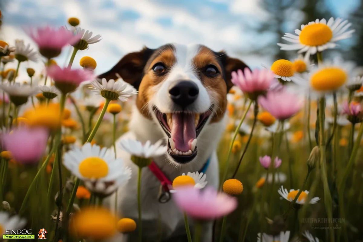 כלב עם שיניים בריאות מטייל בפרחים